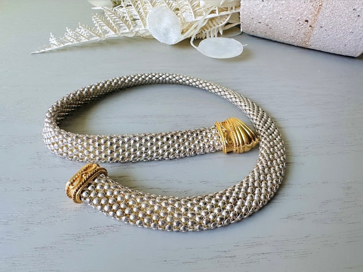 Silver and Gold Mesh Necklace, 1980s Vintage Necklace, Stunning Silver Mesh Collar 80s Mogul Necklace, Intricate Gold Magnetic Closure