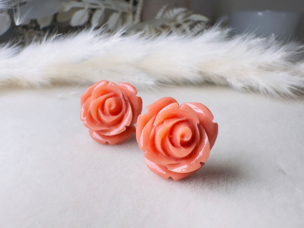 Coral Pink Rose Earrings, Large Rose Stud Earrings, Resin Cabochon Rosettes Hypoallergenic Surgical Steel Handmade Earrings Sensitive Ears