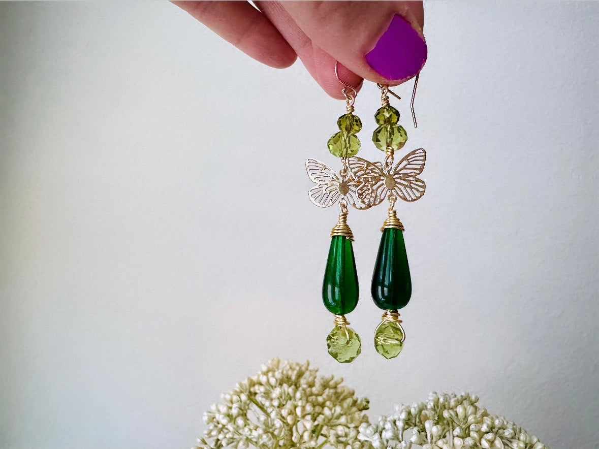 Green Butterfly Earrings, Bridgerton Inspired Handmade 14k Gold Filigree Butterfly Green Crystal Dangle Earrings, Woodland Whimsical Earring by Piggle and Pop