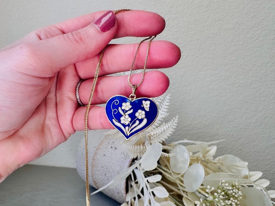 Blue Heart Necklace, Vintage Cobalt Blue Heart Pendant Necklace with White Flowers