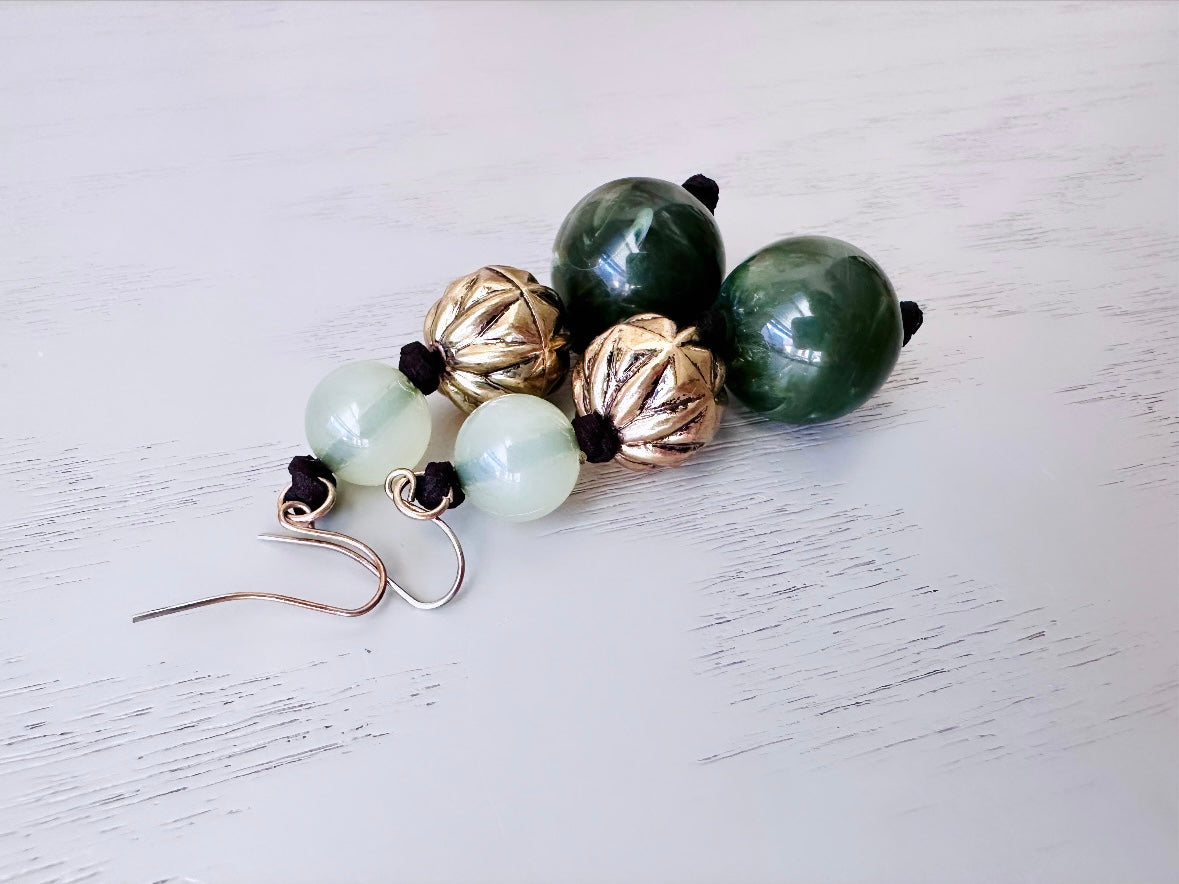 Green and Bronze Vintage Earrings, Jade Acrylic Beaded Long Dangle Earrings, Cute Everyday Bold Earrings, French Hook Pierced Earrings
