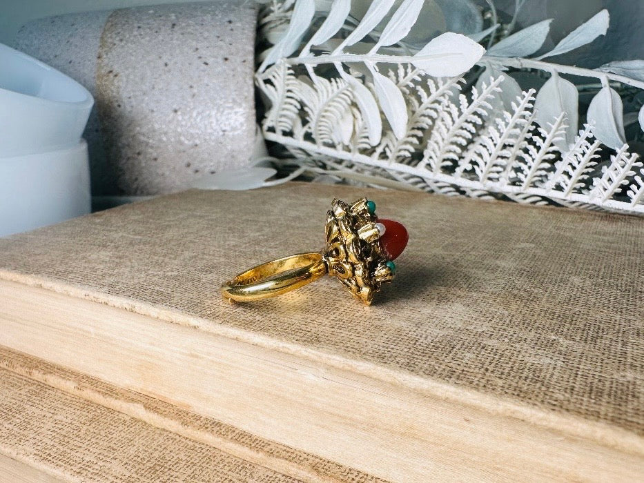 Vintage Orange Bullet Cabochon Ring with Green and Pearl Cabochons, Gold Tone Adjustable Etruscan Revival Ring