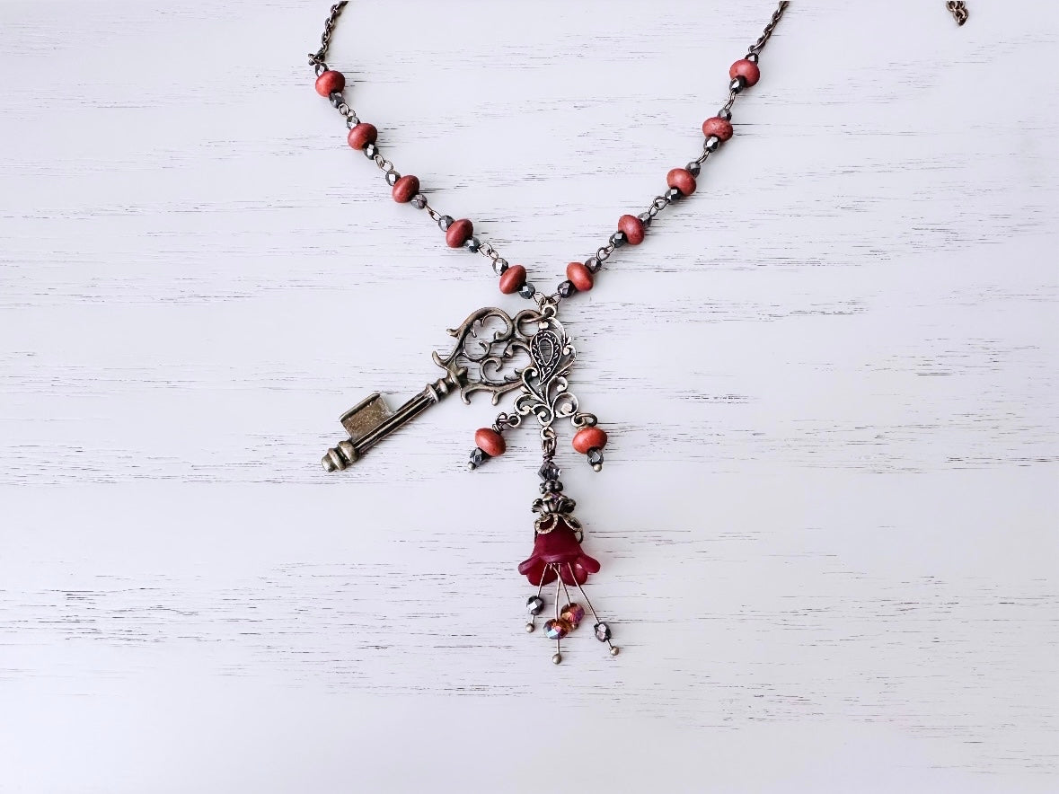 Victorian Flower Rosary Necklace in Chocolate Cherry w Swarovski Topaz Crystals, Hematite Stones + Bronze Skeleton Key Lucite Charm Necklace