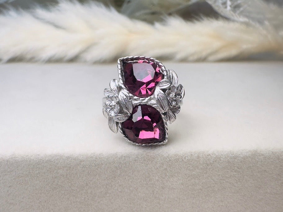 Vintage Heart Cocktail Ring, February Birthstone Purple Heart Ring, 1973 Amethyst and Silver Flowers Double Heart Love Story Sarah Coventry