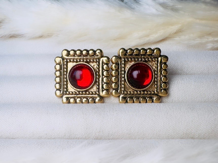 Red Gripoix Earrings, Vintage 1928 Post Earrings, Embossed Gold Square Earrings with Glowing Red Cabochons