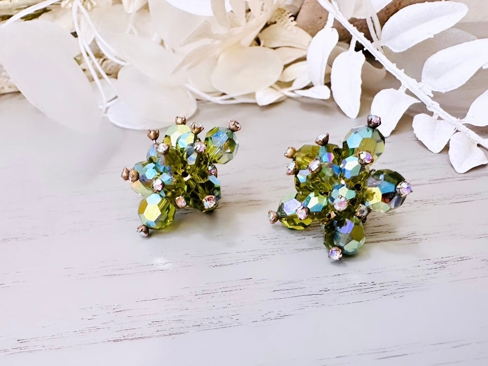 Green Cocktail Earrings, Vintage Rhinestone Cluster Earrings, Starburst 1960's Peridot Crystal Clip On Earrings, Winter Glam Holiday Jewelry