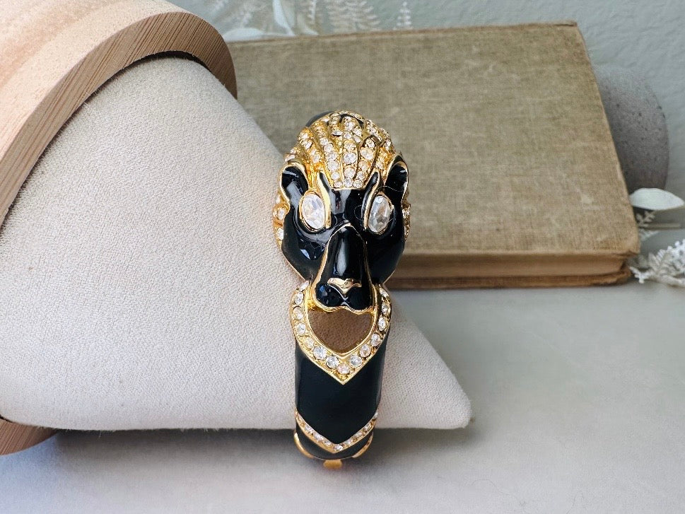 Vintage Giorgio Black Panther Bracelet, Black Enamel Pave Rhinestone and Gold Signed 80s Designer Cuff