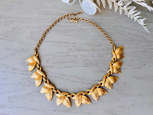 Gold Leaf Necklace, Vintage 1960s Gold Textured Floral Leaf Choker, Signed Tara 5th Ave Designer Vintage