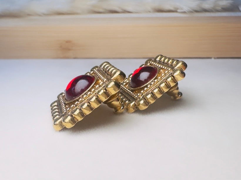 Red Gripoix Earrings, Vintage 1928 Post Earrings, Embossed Gold Square Earrings with Glowing Red Cabochons