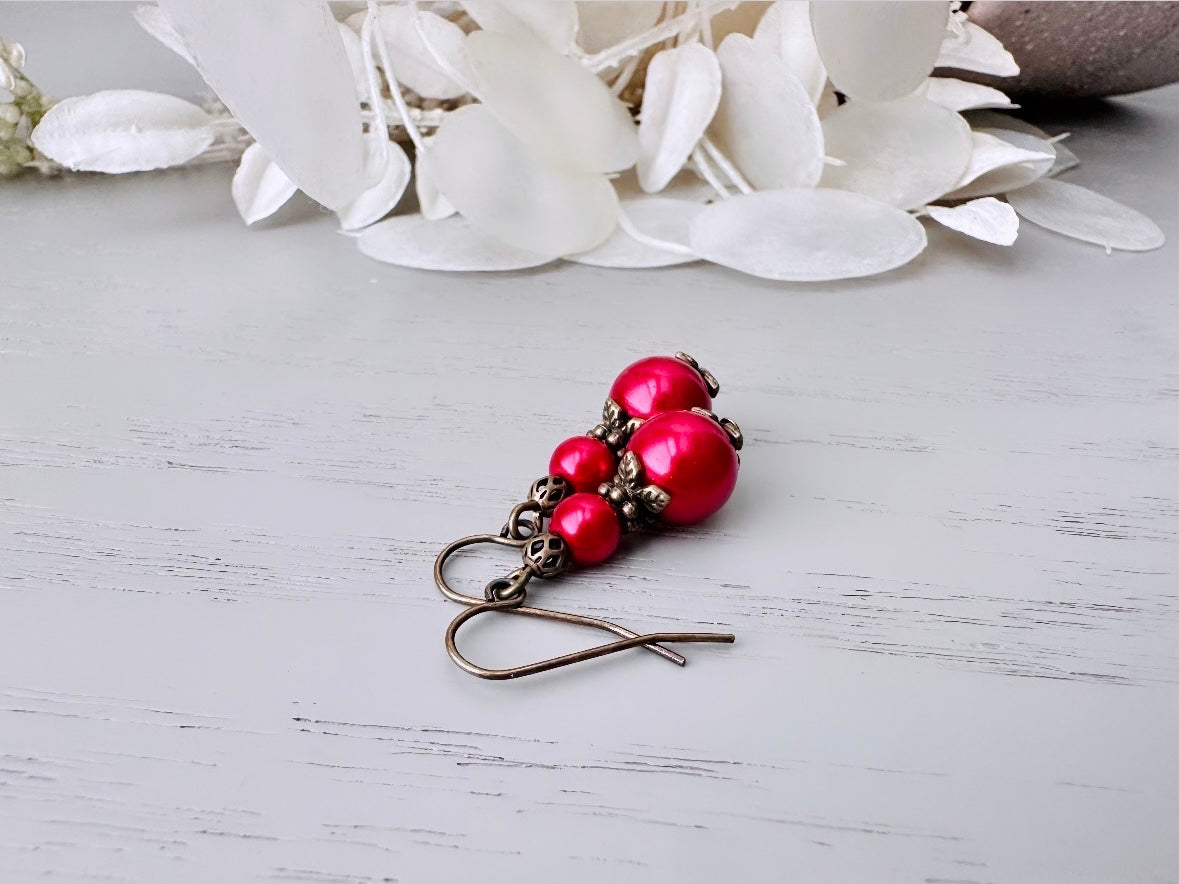 Red Pearl Earrings, Holiday Red Beaded Drop Earrings with Antique Bronze Floral Accents. Simple Vintage Inspired Handmade Earring Gifts