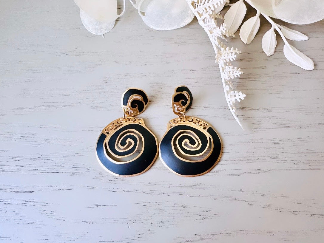 Black Berebi Earrings, Vintage Spiral 1980s Black and Gold Pierced Post Earrings, Rare Vintage Berebi 80s Dramatic Matte Dangles Earrings