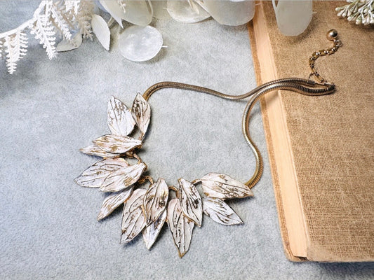 White Wash Gold Leaf Necklace, Vintage Structural Avant Garde Statement Necklace, Unique Vintage Gold Leaf Cluster Choker, Adjustable