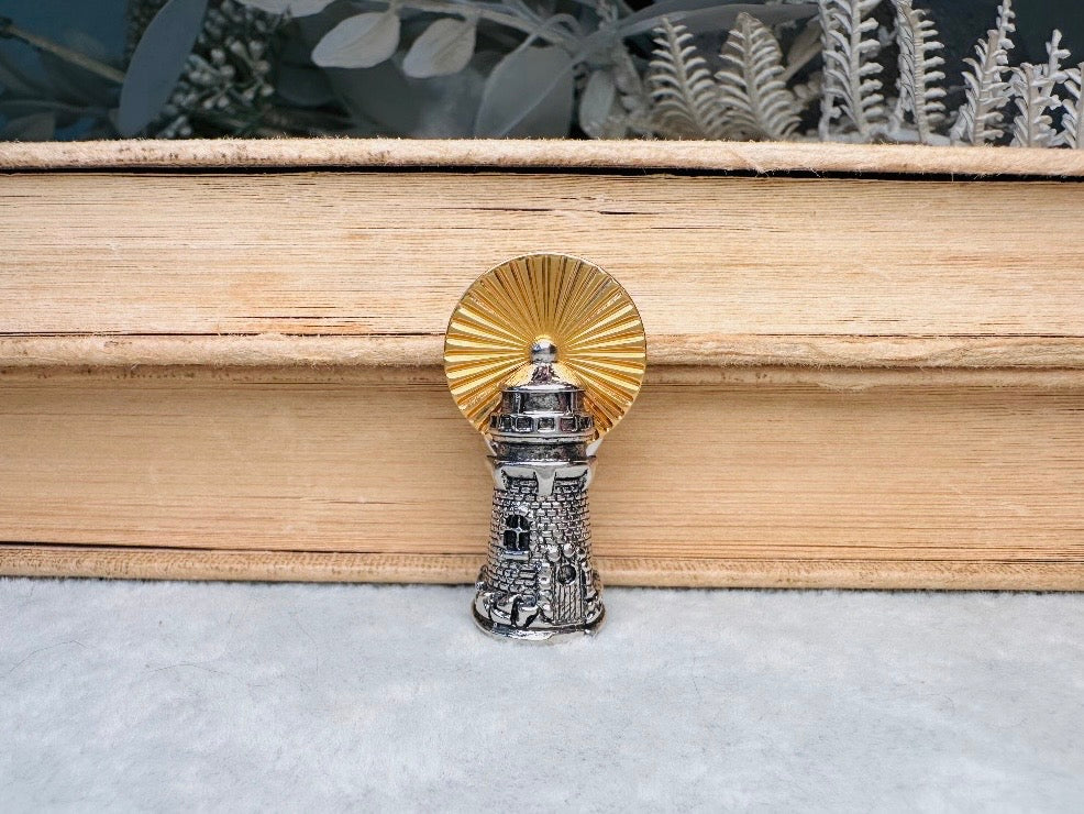 Vintage Lighthouse Pin, Silver and Gold Tie Tack Lapel Pin, Detailed Golden Beacon Nautical Birthday, Mariner Groom Accessories