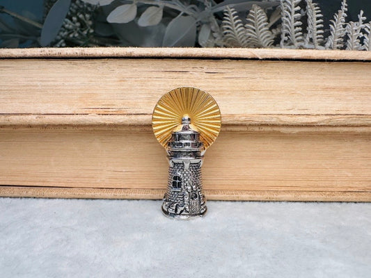 Vintage Lighthouse Pin, Silver and Gold Tie Tack Lapel Pin, Detailed Golden Beacon Nautical Birthday, Mariner Groom Accessories