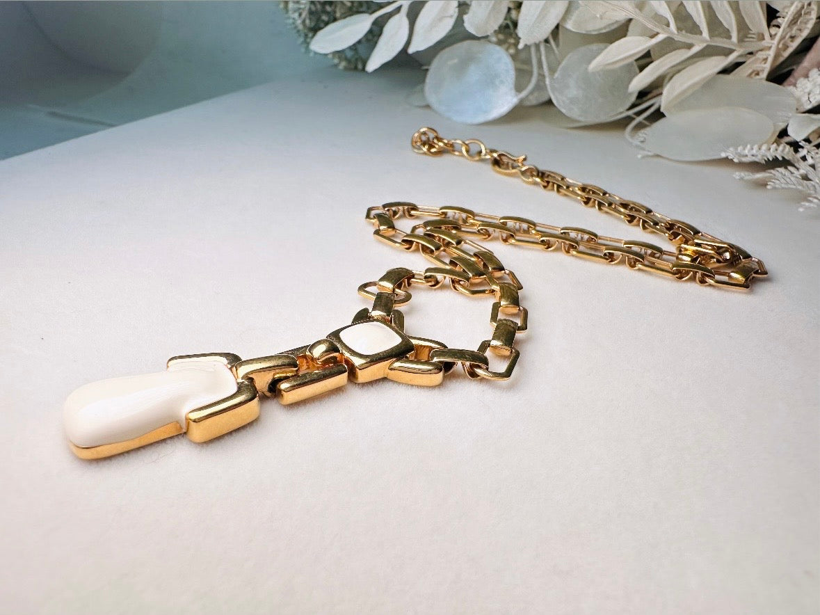 Vintage Y Necklace, Monet Necklace in Cream and Gold, Bold 1970s Vintage Geometric Chain Y Drop Necklace,