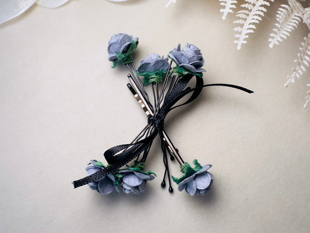 Dark Grey Rose Hair Pin Set, 6 Handmade Paper Flower Bobby Pins in Beautiful Deep Gray, Timeless Bridal Hair Accessories for Floral Wedding MPR6