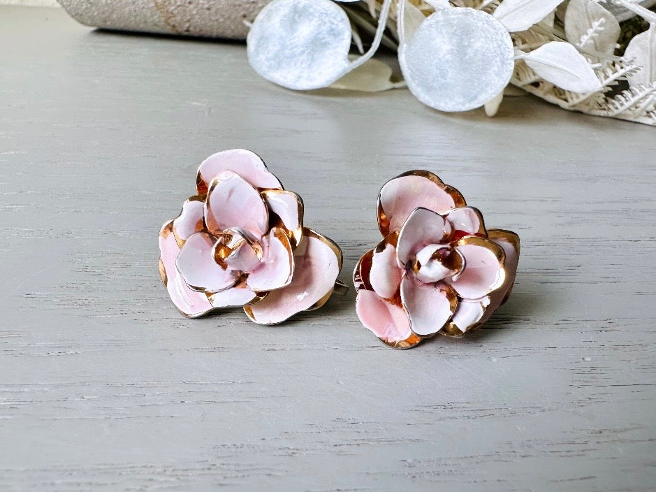 Pink Flower Earrings, Gorgeous White & Pink Enamel Earrings, Vintage Rose Earrings in Gold, Beautiful Screw Back NonPierced Bridal Earrings