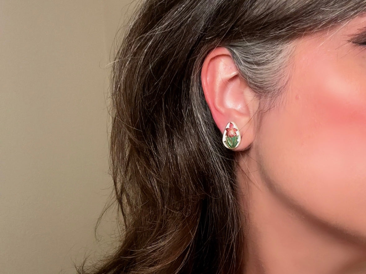 Vintage Flower Earrings, Gorgeous White Enamel Teardrops with Pink Green and Gold Cloisonné