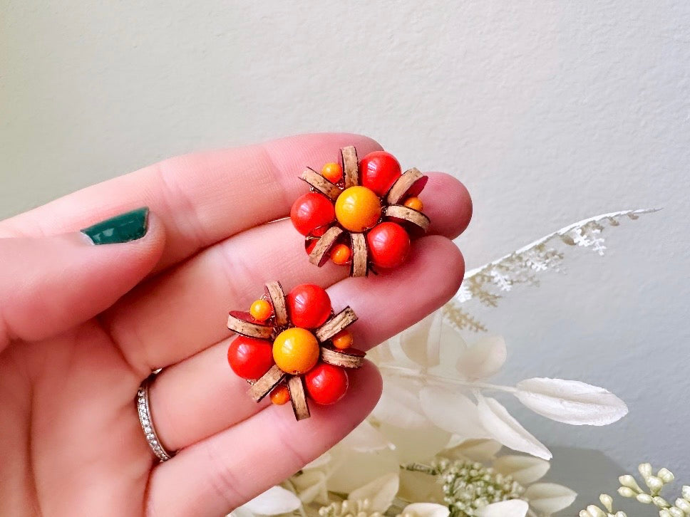 Vibrant 1960s Earrings, Red + Orange Vintage Beaded Clip On Earrings, Japanese Earrings w Wood Discs and Rhinestones, Authentic 60s Earrings