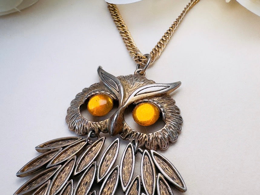 Gold Owl Pendant Necklace, Vintage 1970s Articulated Statement Necklace