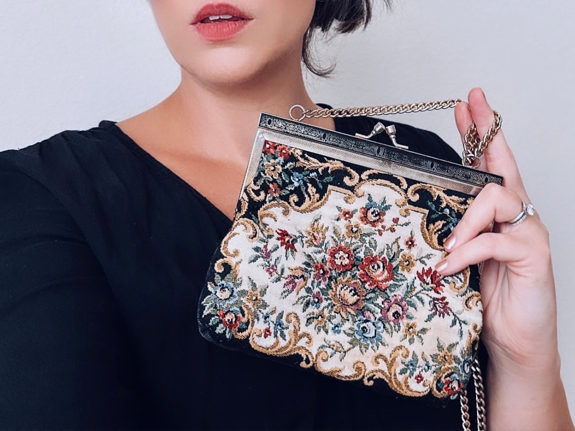 Vintage Black Floral Tapestry Purse with Gold Chain Strap, 1950s Vintage Handbag, Flower Print Gold Hardware