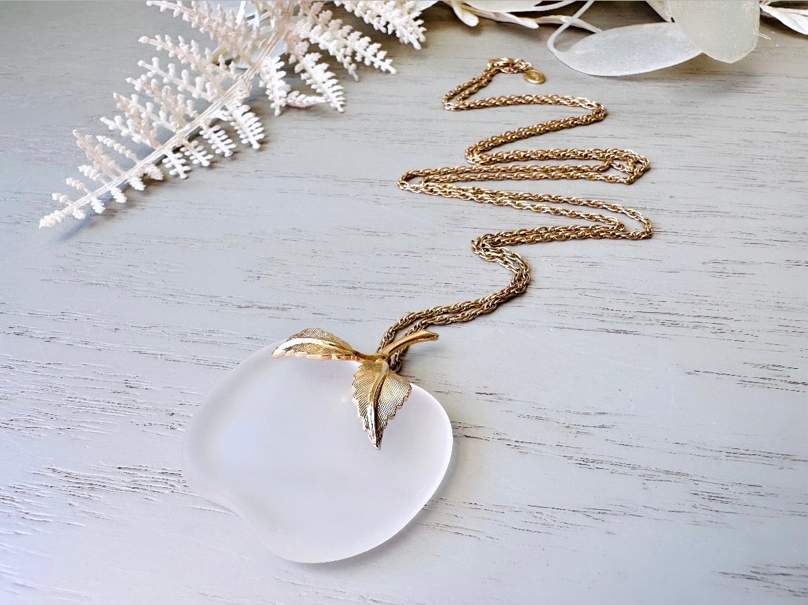 Vintage Apple Necklace, Avon Frosted Glass Pendant Necklace, 1978 Apple Pendant, Whimsical Enchanted Woodland 26" Long Chain Necklace