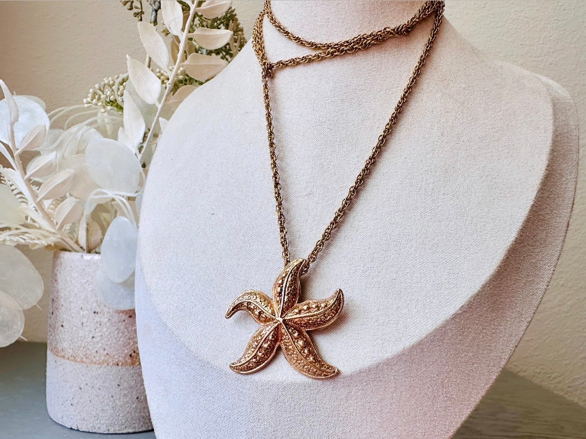 Vintage Starfish Necklace, Gold Pendant Extra Long 30" Chain, Etched Embossed Starfish on Gold Chain, Layering Gold Necklace Gifts for Her