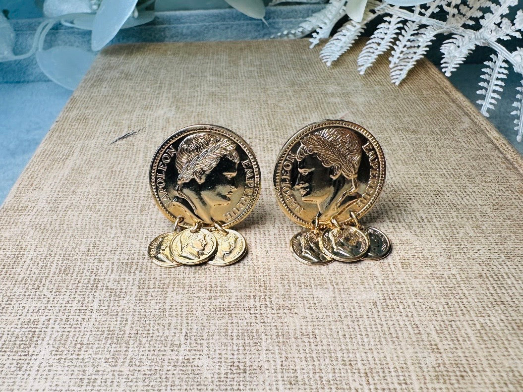 Gold Coin Earrings, Vintage 1970s Roman Earrings, 1971 Napoleon Gold Medallion Chandelier Earrings, Etruscan Style Dangle Charm Earrings