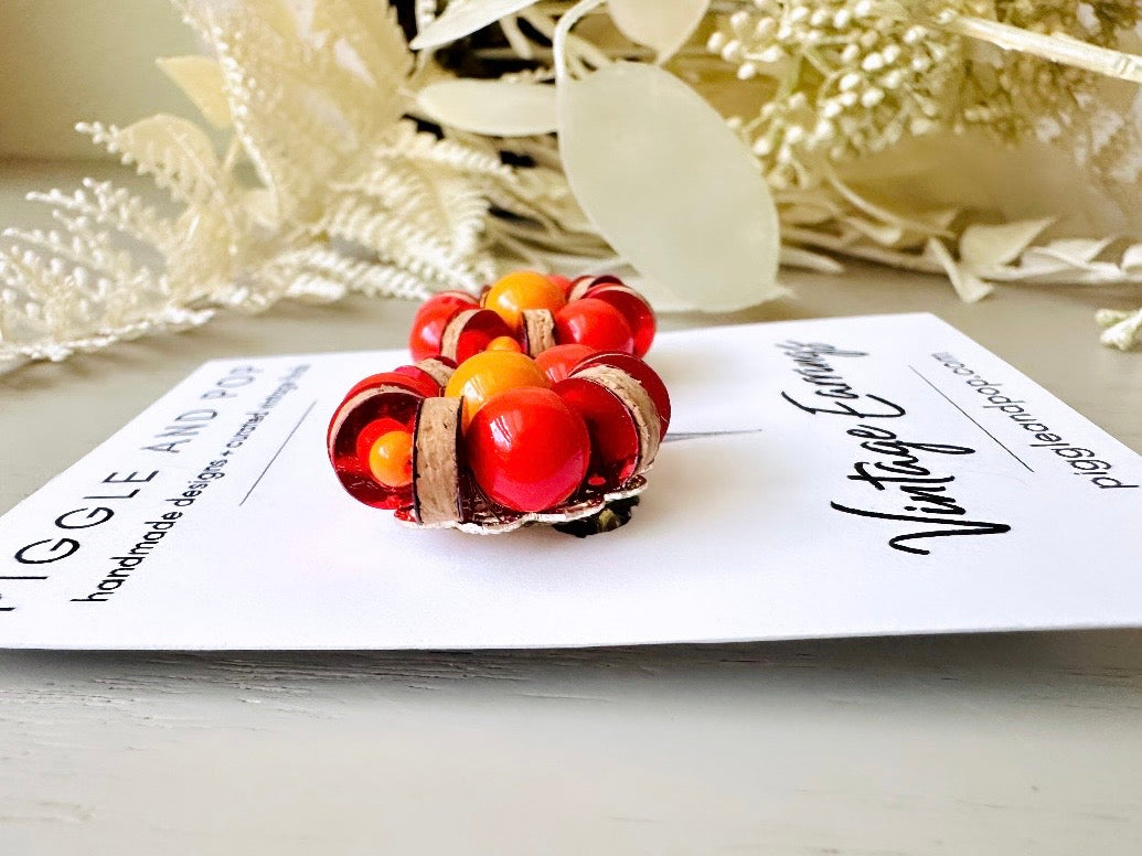 Vibrant 1960s Earrings, Red + Orange Vintage Beaded Clip On Earrings, Japanese Earrings w Wood Discs and Rhinestones, Authentic 60s Earrings