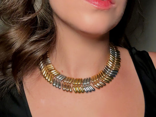 Vintage Monet Collar Necklace, Striking Tritone Cleopatra Choker in Gold, Silver + Copper, Chunky Herringbone Articulated Statement Necklace
