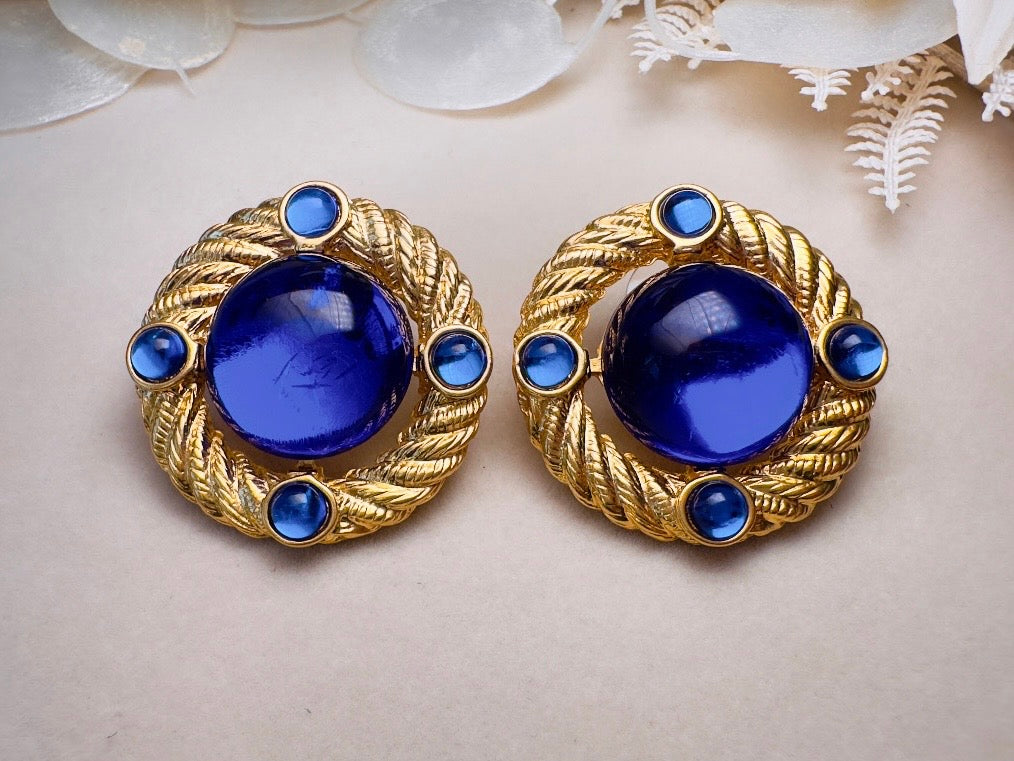 Cobalt Blue Gold Rope Earrings, Vintage Park Lane Earrings with Deep Blue Glowing Cabochons