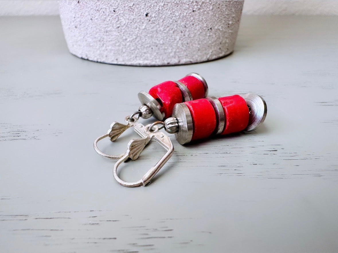 Handmade Upcycled Earrings, Red Wood Beaded Drop Earrings with Silver Disc Accents, Simple Unique Red and Silver Handmade Earrings OOAK