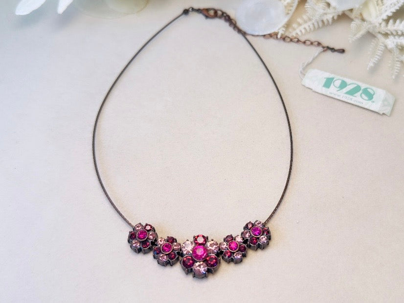 1928 Magenta Pink Rhinestone Floral Bronze Wire Necklace, 90s/Y2K NWT