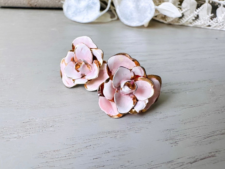 Pink Flower Earrings, Gorgeous White & Pink Enamel Earrings, Vintage Rose Earrings in Gold, Beautiful Screw Back NonPierced Bridal Earrings