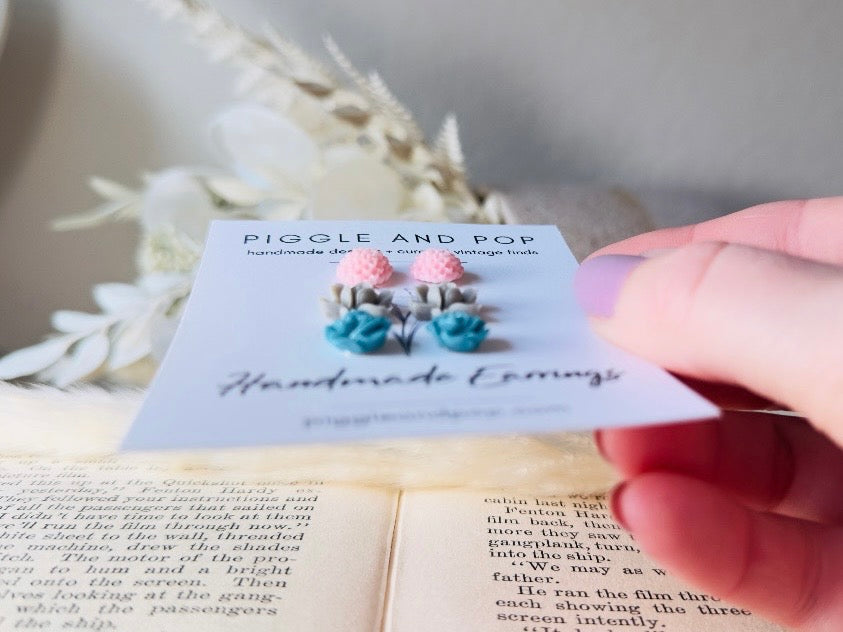 Flower Post Earrings Set in Pink Grey and Teal, Hypoallergenic for Sensitive Ears