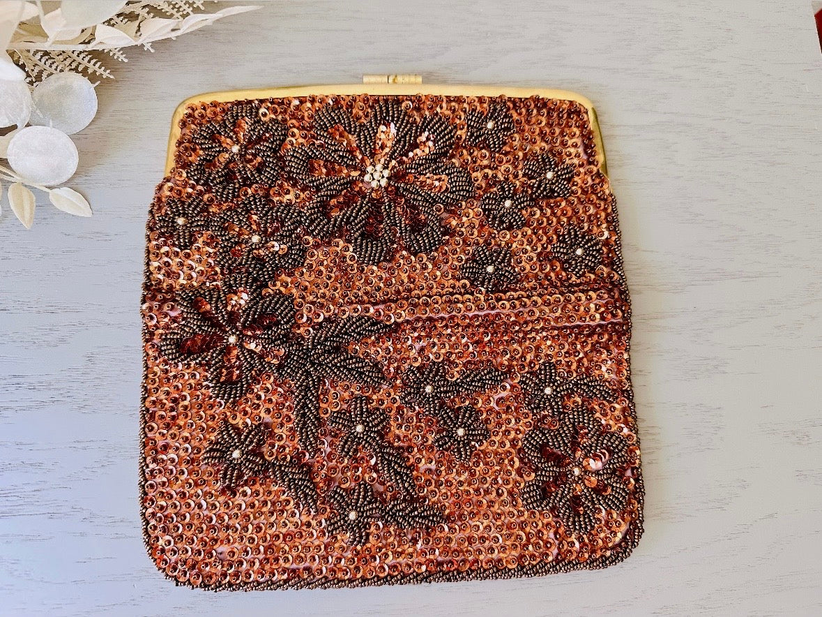 1950s Sequin Clutch, Gorgeous Fully Beaded Floral Evening Bag, Vintage Clutch in Bronze and Coffee Brown with Beaded Flowers, Fold Over Gold