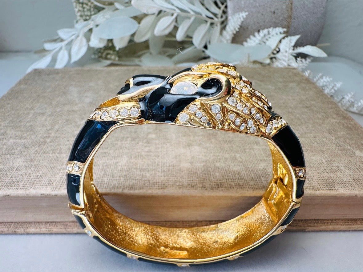 Vintage Giorgio Black Panther Bracelet, Black Enamel Pave Rhinestone and Gold Signed 80s Designer Cuff
