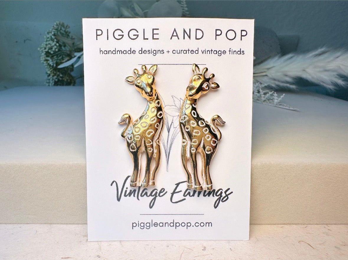Vintage Giraffe Earrings, White and Gold Pierced Post Earrings with Moveable Head, Convertable Stud to Dangle Earrings, Animal Lover Gifts