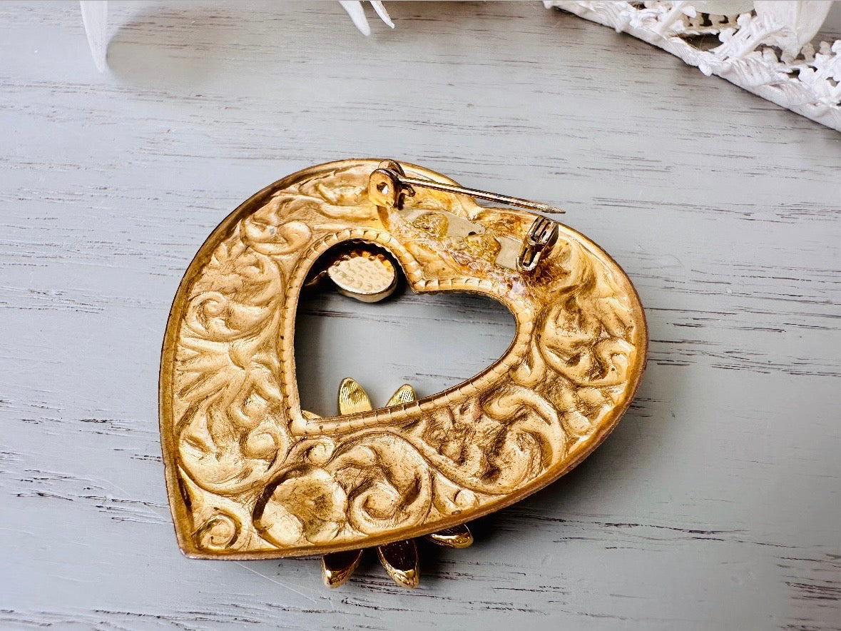 Vintage Heart Brooch, Romantic Regency Era Embossed Gold Heart Pin with Intricate Scrollwork, Raised Sunflower and Rhinestone Butterfly