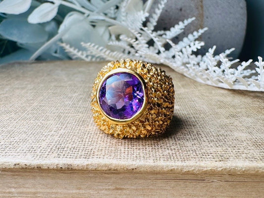 Vintage Cocktail Ring, Gold Plated Purple Amethyst Stone 70s Statement Ring