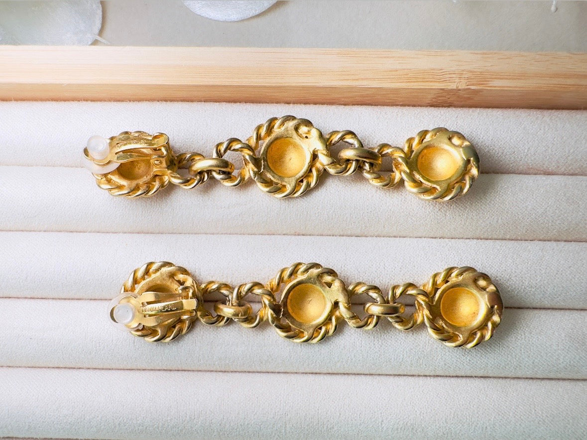 Matte Gold Drop Chain Earrings, Erwin Pearl Vintage Clip On Earrings, 1980s Dramatic Gold Earrings, Triple Link Chain Rope Border Earrings