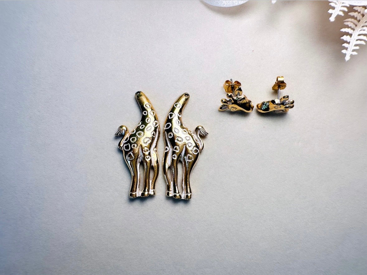 Vintage Giraffe Earrings, White and Gold Pierced Post Earrings with Moveable Head, Convertable Stud to Dangle Earrings, Animal Lover Gifts