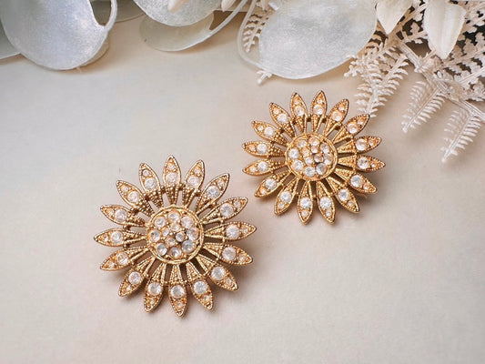 Vintage Rhinestone Flower Earrings, Diamond Crystal Sunflower Vintage Earrings, Pierced Statement Oversized Sparkling Gold Flower Earrings