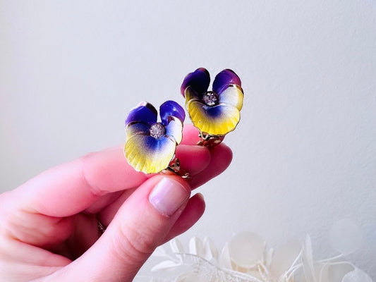Vintage Pansy Flower Earrings, Purple and Yellow Enamel Clip On Earrings with Rhinestone Center, Pretty Spring Summer Flower Vintage Earring