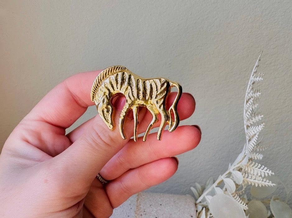 Gold Zebra Brooch Pin, Vintage Wild Zebra Pin, Fun 1980s Jewelry, 80s Gold Vintage Brooch