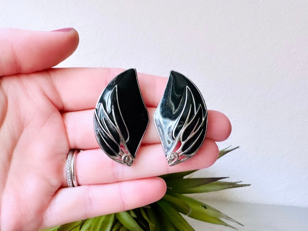 Vintage Berebi Black Wing Earrings, 1980s Silver Pierced Post Earrings, Rare Vintage Berebi Earrings, 80s Dramatic Black Swan Earrings