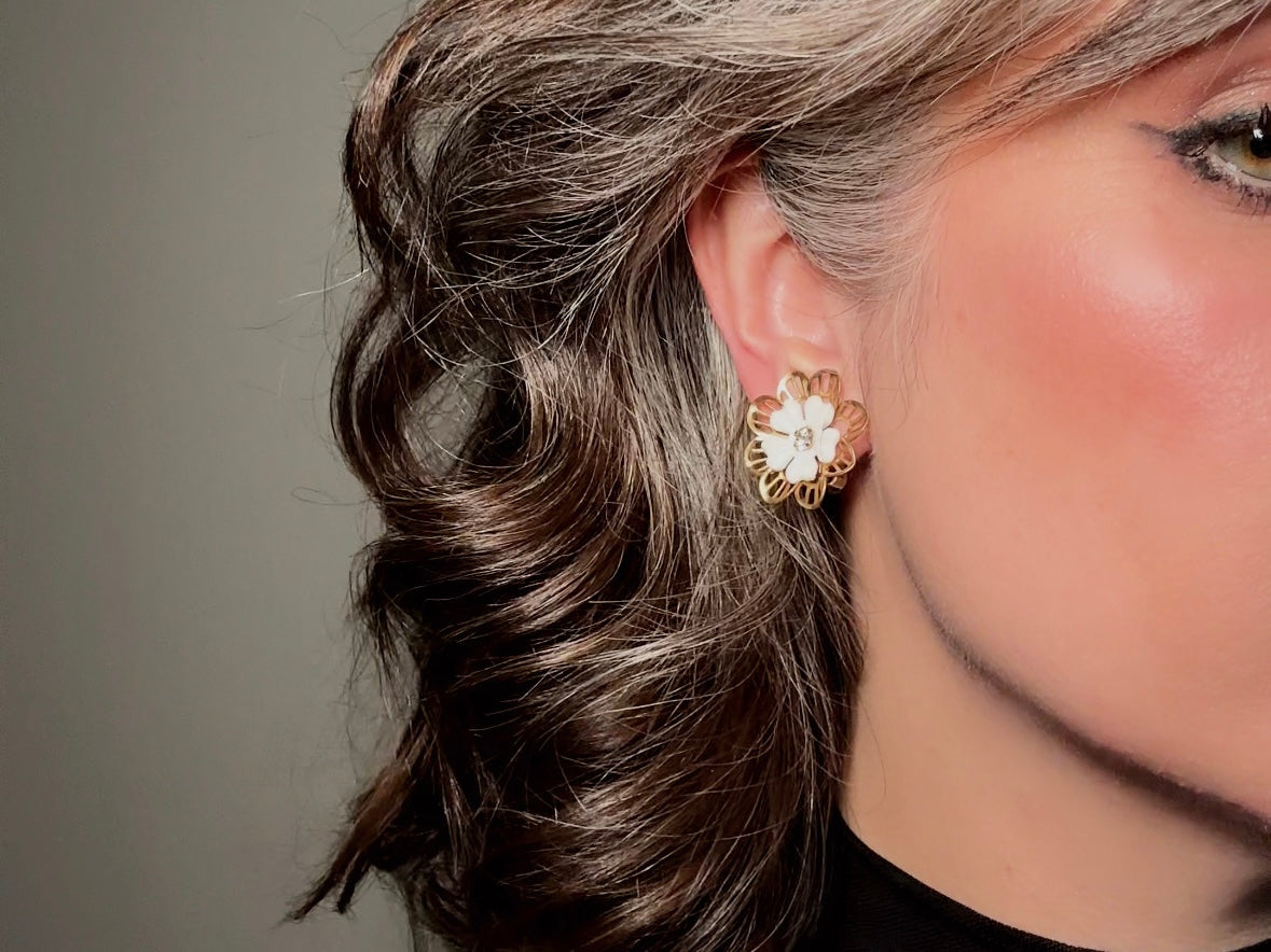 Gold Filigree Flower Earrings, 60s Vintage White and Gold Clip On Earrings