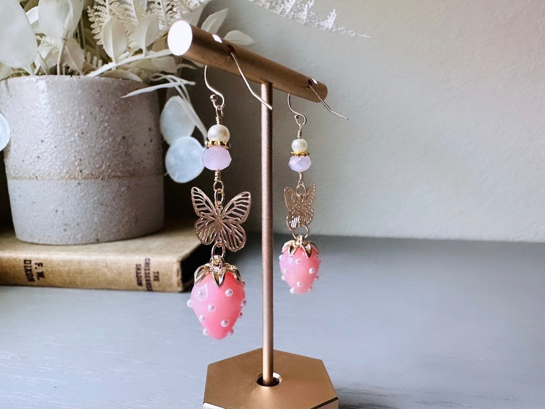 Pink Strawberry Earrings, Original Handmade 24k Gold Filigree Butterfly, Pearl and Crystal  Glass Dangle Earrings, Pretty Whimsical Earrings