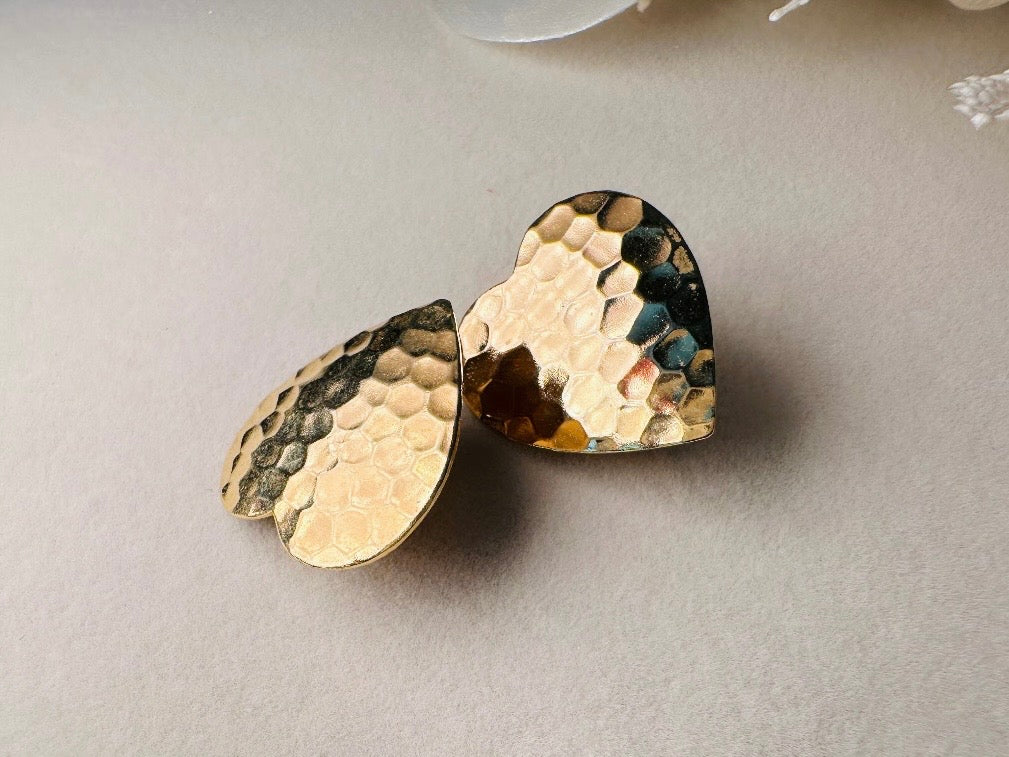Gold Heart Earrings, Textured Hammered Gold Heart Shaped Clip on Earrings