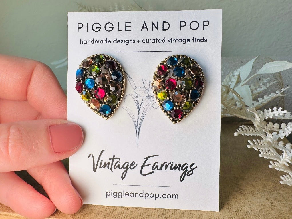 Vintage Rainbow Earrings, Colorful 60s Crystal Inverted Teardrop Clip Ons, Gorgeous Rhinestone Cocktail Earrings, Unique Statement Earrings